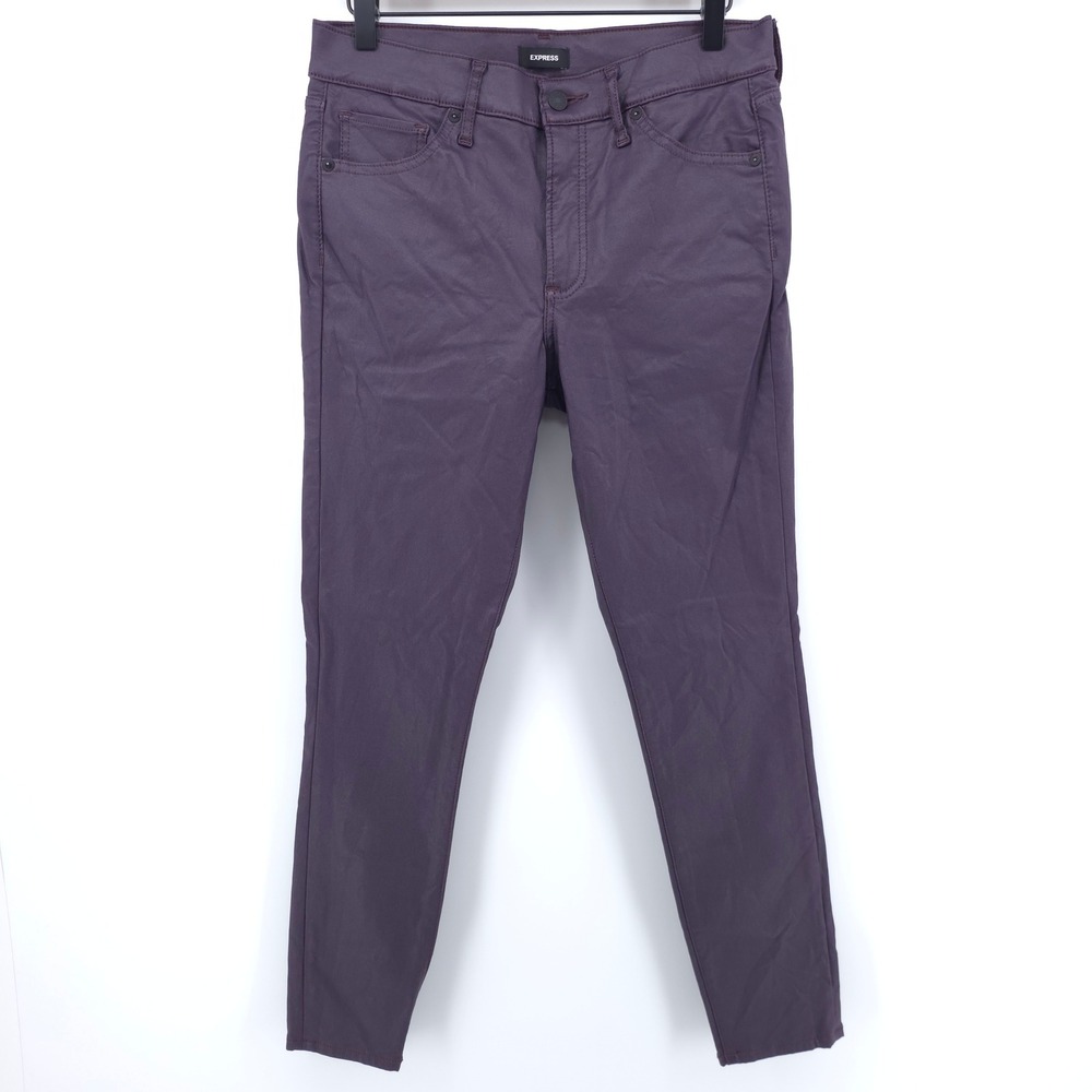 Express Women Pants Skinny Mid Rise 8R Plum Purple‎ Coated Faux Leather Look